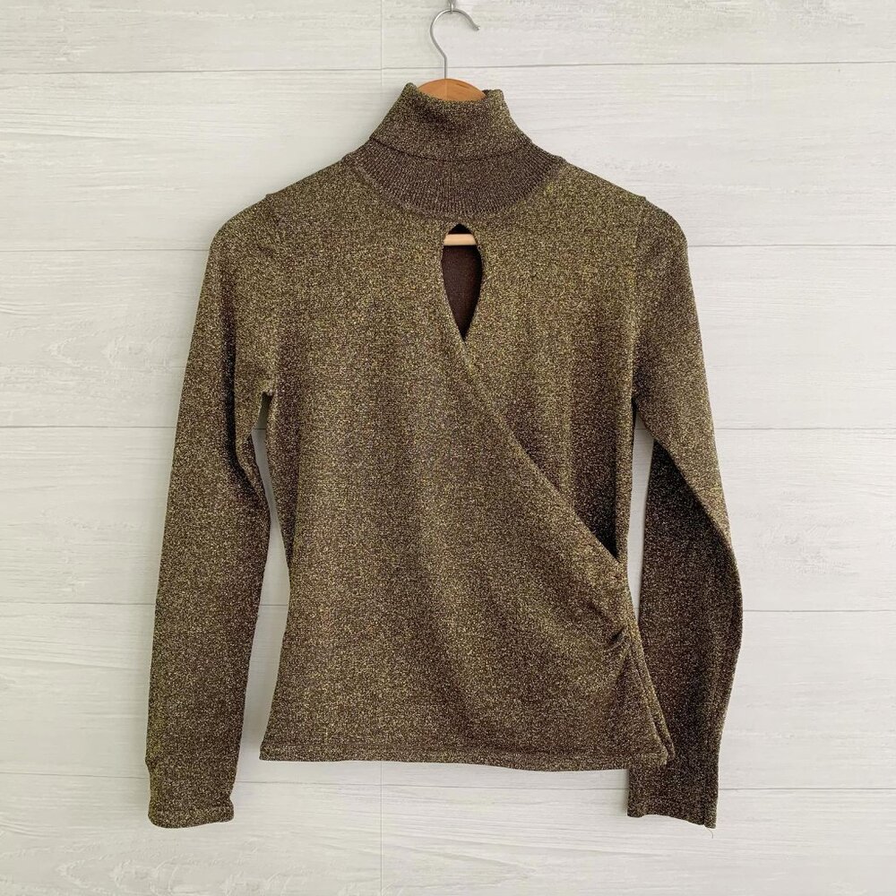 Evie - Gold metallic faux wrap cut out front turtleneck sweater, S